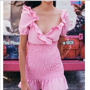 Zara Pink Linen Blend Smocked Bodice Dress size Small